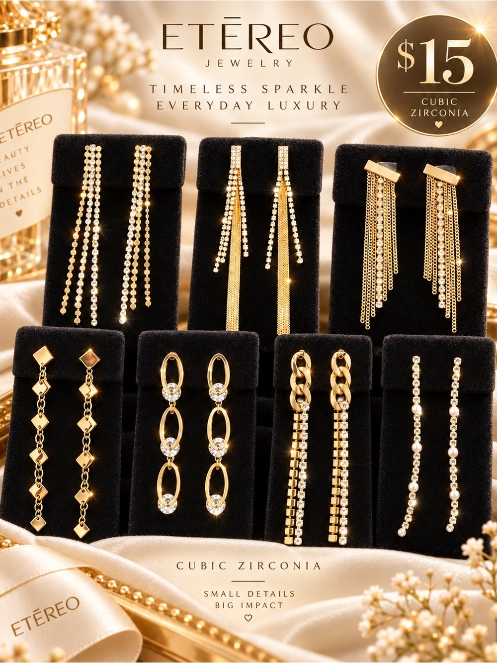 Gold Cubic Zirconia Dangle Earrings - Set of Styles-each &15